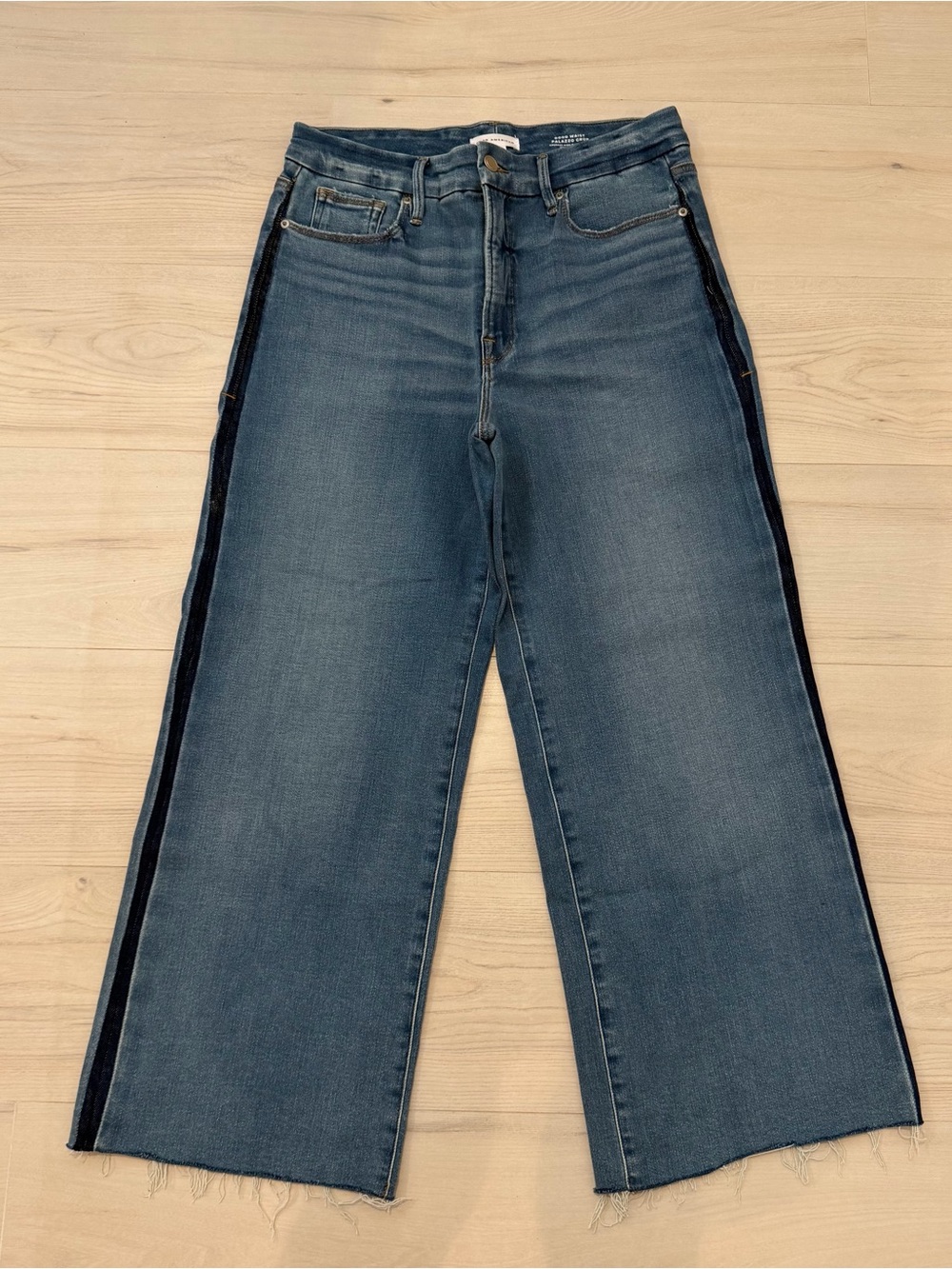 Good American Dark Blue Wide-Leg Jeans with Black Side Stripe
